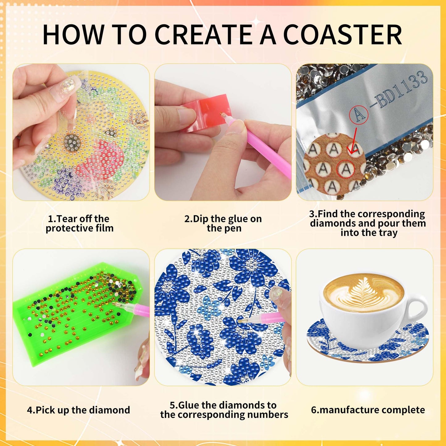 Blue Floral Diamond Art Coasters, 8pcs Blue and White Chinoiserie Floral Diamond Painting Coaster Kit, Elegant Flower Diamond Art with Holder Cork Pads, DIY Craft for Adults Beginners Home Decor Gifts