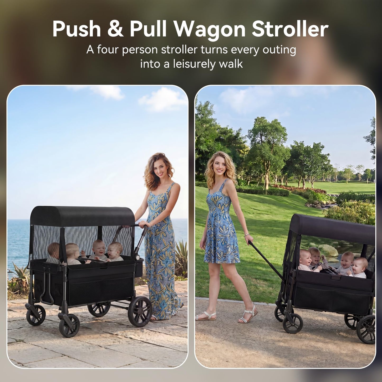Fldofaves Wagon Stroller for Kids, 4-Seat Kid Wagon for Toddlers, Multi-Child Baby Wagon Stroller, Heavy-Duty Kids Wagon with Canopy, Large Foldable Toddler Stroller Wagon for Outdoor Travel