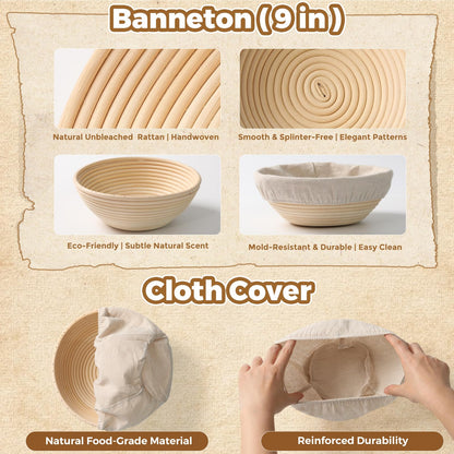 Complete Bread Proofing Basket Kit | All-in-One Set with Banneton(9 in), Sourdough Starter Jar Kit, Bread Lame, Dough Scraper, Whisk, Cutter & Tools