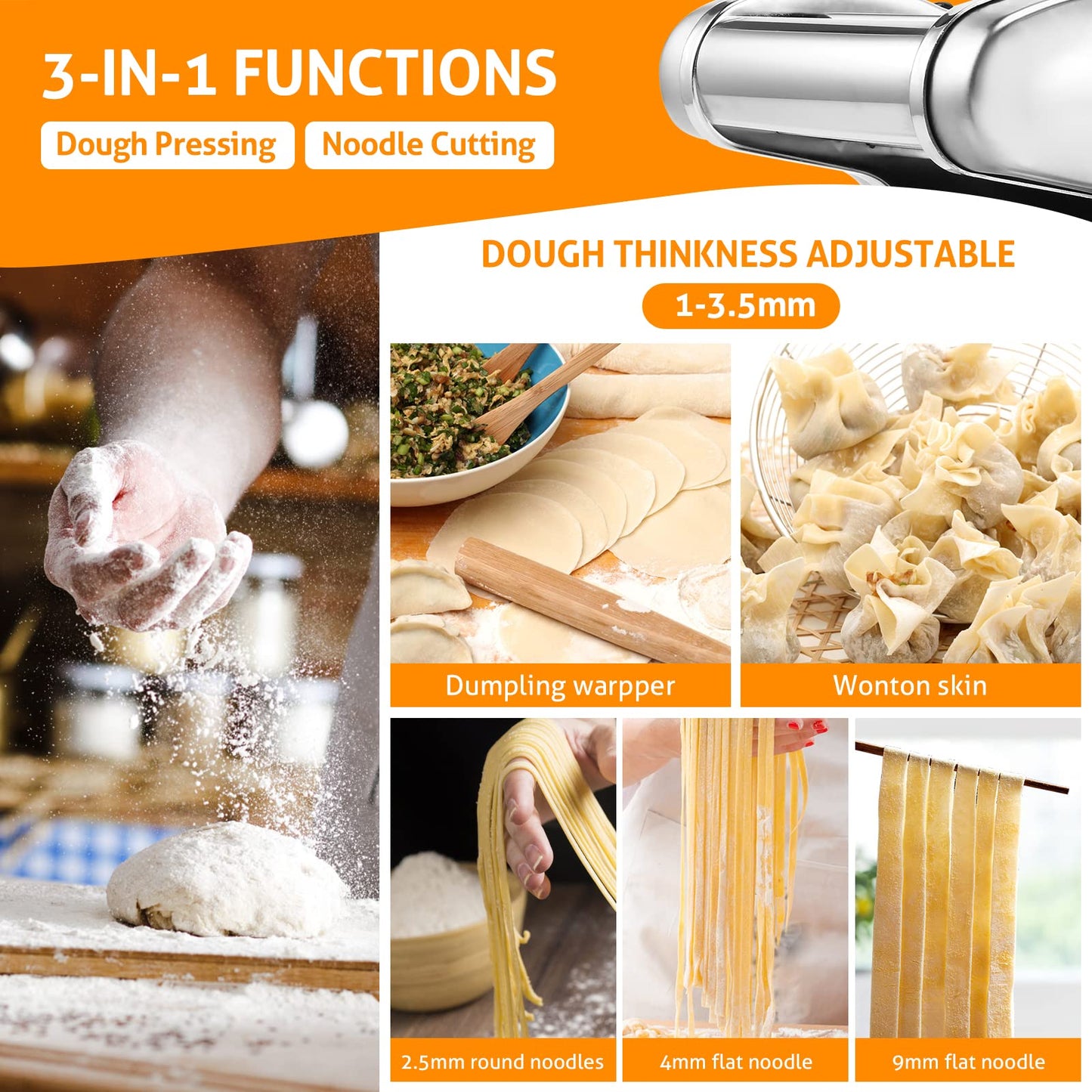 WICHEMI Electric Pasta Maker Machine 3 IN1 Pasta Dough Spaghetti Roller Noodle Pressing Machine Stainless Steel 135W for Home Family Use (2.5mm round noodle+4mm flat noodle+9mm flat noodle)