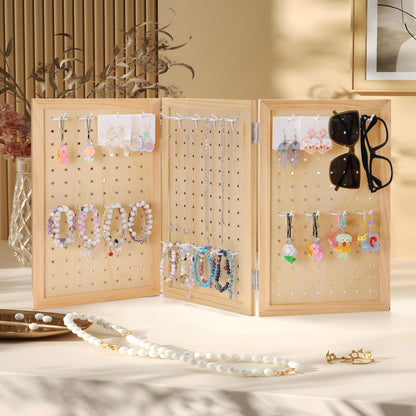 humberboat Wooden Foldable and Portable 3-Panel Pegboard Jewelry Display Organizer with 24 Removable White Metal Hooks for Bracelets, Earrings and Keychains, Versatile Countertop Rack for Store