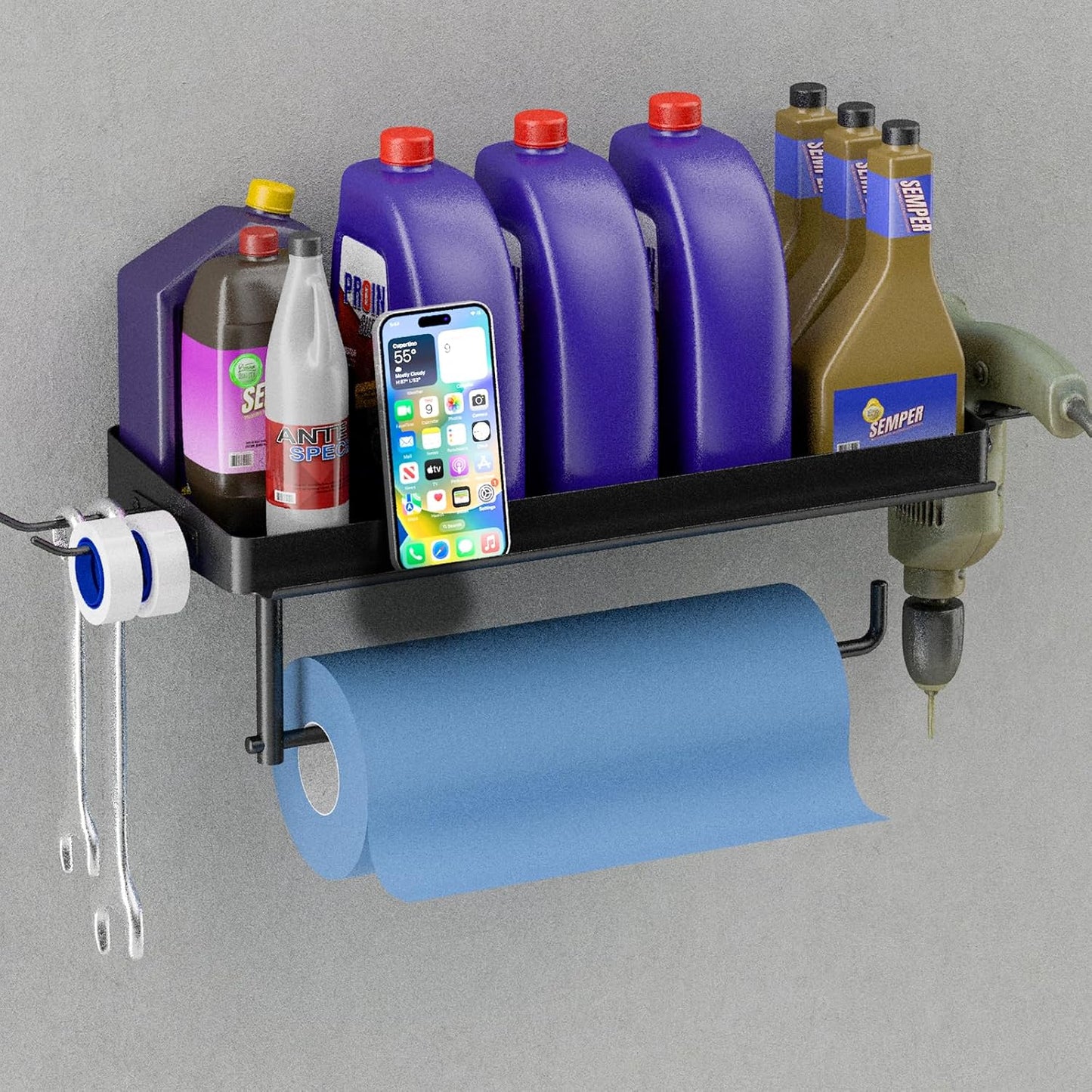 2 Garage Shop Paper Towel Holder Wall Mount, Garage Organization Paper Towel Phone Holder with Shelf and Hooks, Heavy