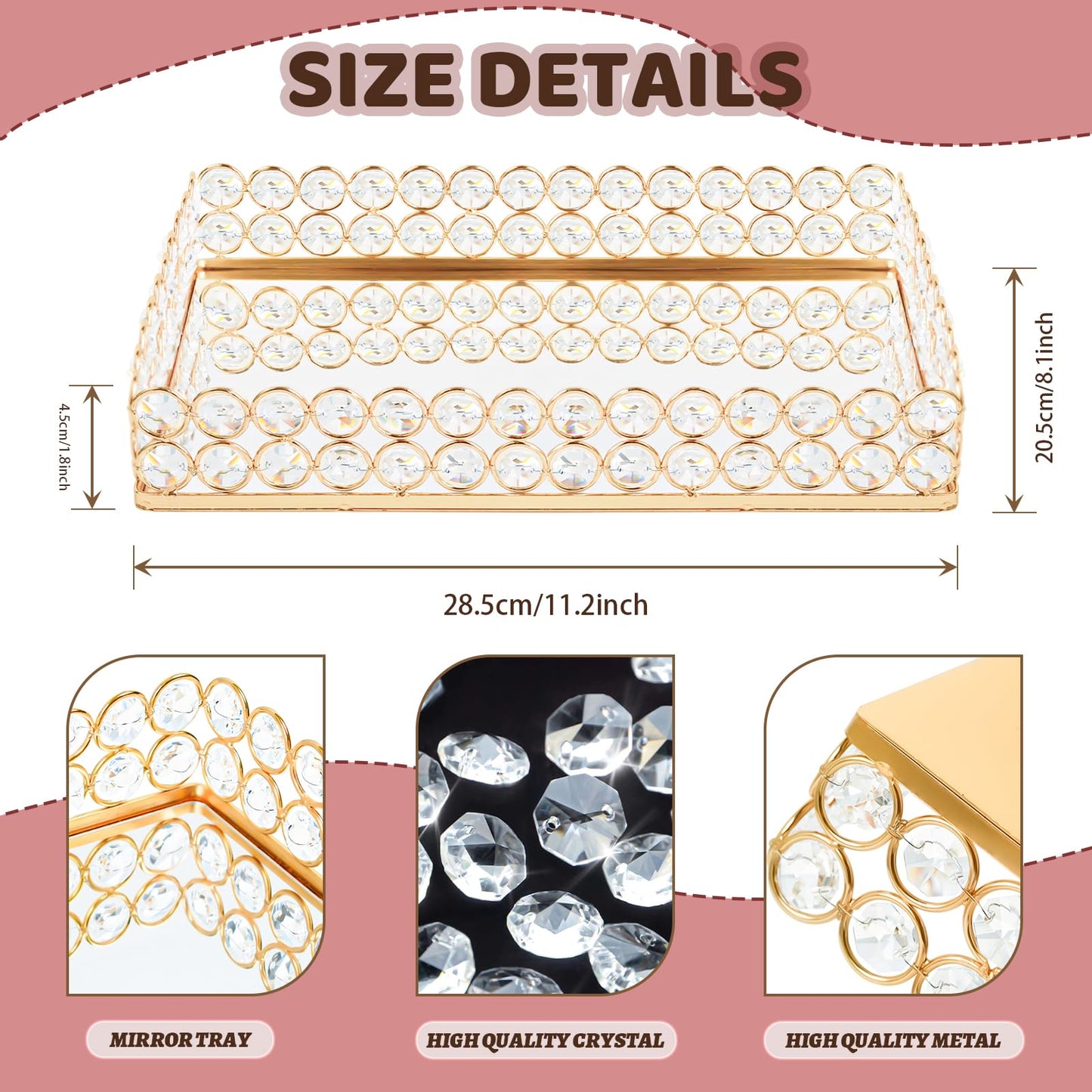 KEHAIL 2 Pcs Gold Metal Crystal Mirror Tray - 11.2"x8.1" Table Centerpieces Tray, Multi-Functional Display for Flowers/Cupcakes/Jewelry, Vanity Organizer & Wedding Dessert Table Accent
