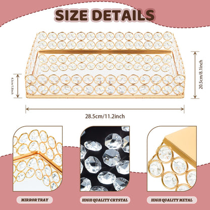 KEHAIL 2 Pcs Gold Metal Crystal Mirror Tray - 11.2"x8.1" Table Centerpieces Tray, Multi-Functional Display for Flowers/Cupcakes/Jewelry, Vanity Organizer & Wedding Dessert Table Accent