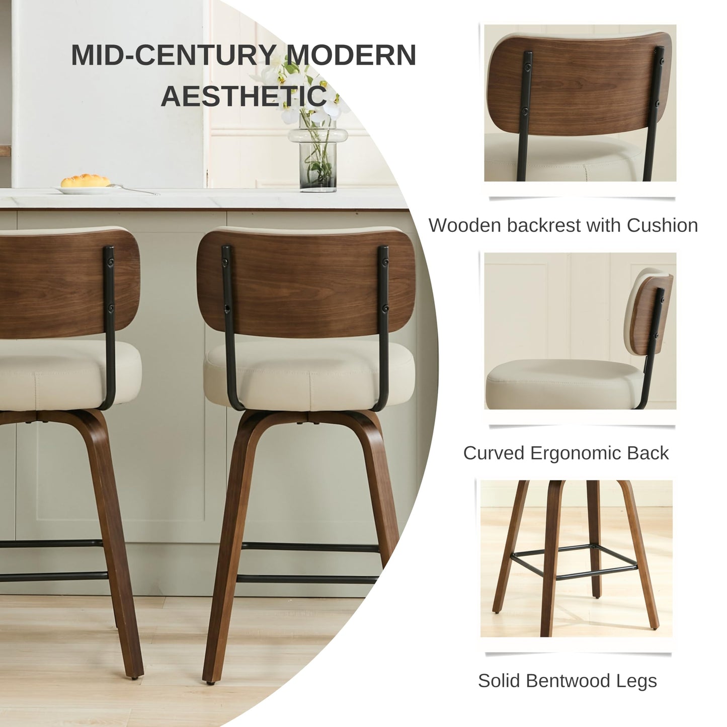 Arvasslia Swivel Bar Stools Set of 3, 26" Upholstered Counter Height Bar Stools with Back and Walnut Wood Legs, Faux Leather Barstools for Kitchen Counter, Beige Gray