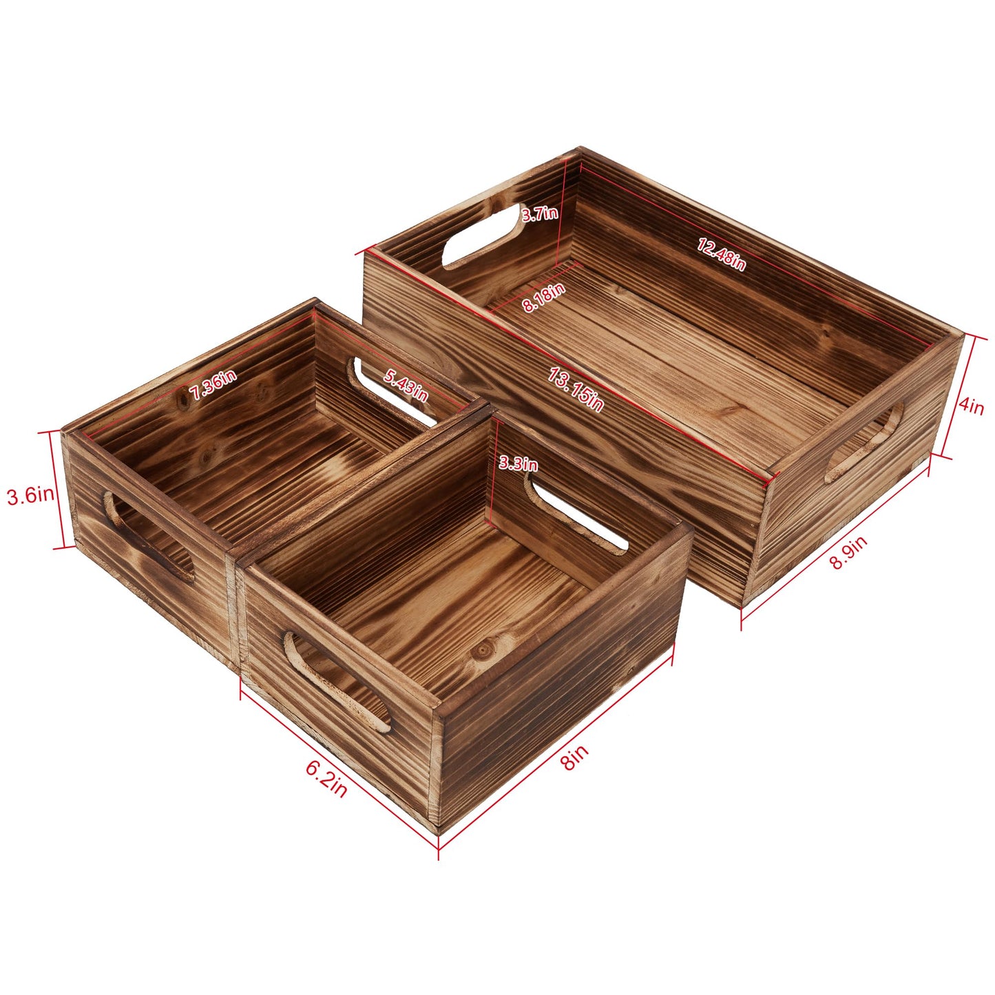 PHOENANCEE Wooden Crate Stackable Decorative Wood Crates set of 3 for Storage Display Rustic Nesting Box Basket Home Decoration Boxes Container Bin with Handles Farmhouse Decor,Solid Pine,L+M+S