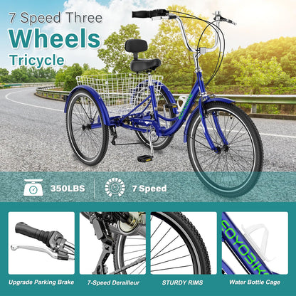 MOPHOTO Adult Tricycle 7 Speed, 20/24/26 Inch Low Step-Through Adult Trike with Large Rear Basket, 350 lbs Capacity 3 Wheel Bike for Seniors, Women and Men