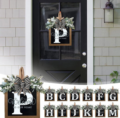 Last Name All Year Round Front Door Wreath with 26 Initial Letter Welcome Sign All Seasons Eucalyptus Garland and Bow ，Farmhouse, Porch, for Spring Summer Fall All Seasons Holiday Halloween Christmas.（P）