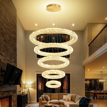 IDEQUY Large Gold Ring Chandelier for High Ceiling Modern Long Crystal Chandelier Lighting, Dimmable LED Ceiling Chandeliers,5 Ring D8‘’+15.7‘’+23.6‘’+31.5‘’+39.4''