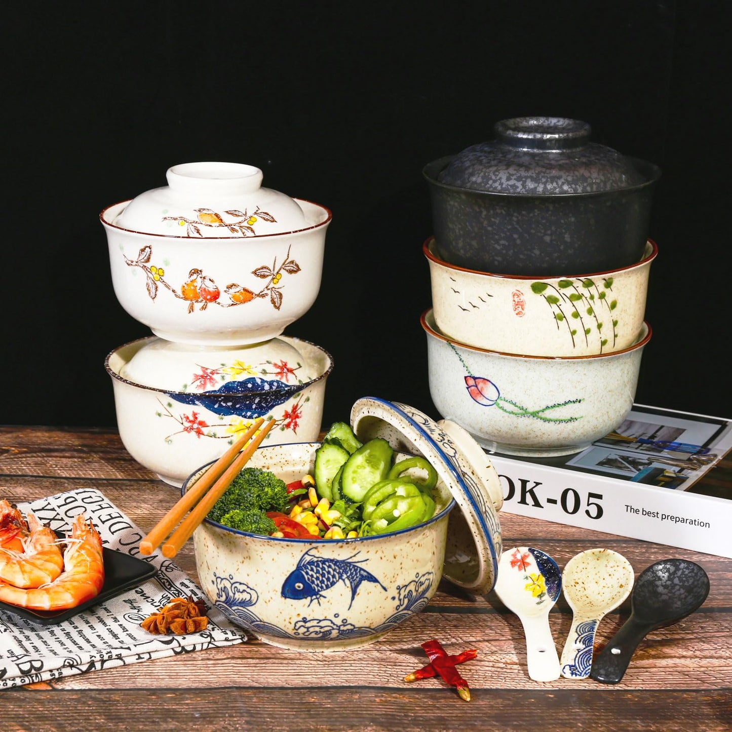 Ceraozmus Ceramic Ramen Bowl Set, 800ml, with Lid, Spoon and Chopsticks, Japanese Vintage Large Soup Bowls Instant Noodle Bowl Asian Tableware (Fish*1)