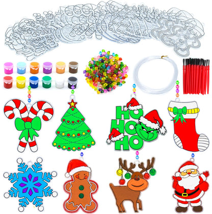 Fprl 24 Sets Christmas Craft Kits DIY Window Paint Art Suncatchers Assorted Sun Catcher Kits for Ornaments Santa Snowflake Snowman Decorations Project