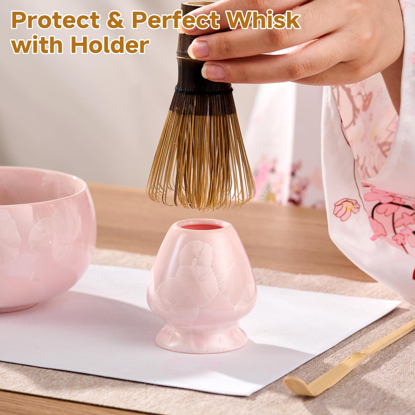 ComboJoy Matcha Whisk Set – Crystalline Glaze Bowl, Bamboo Whisk & Holder, Scoop & Sifter with Holder, Cup with Lid & Straw, Ice Cube Tray & Tea Towel – Pink Matcha Gift Set for Women, Women Gifts