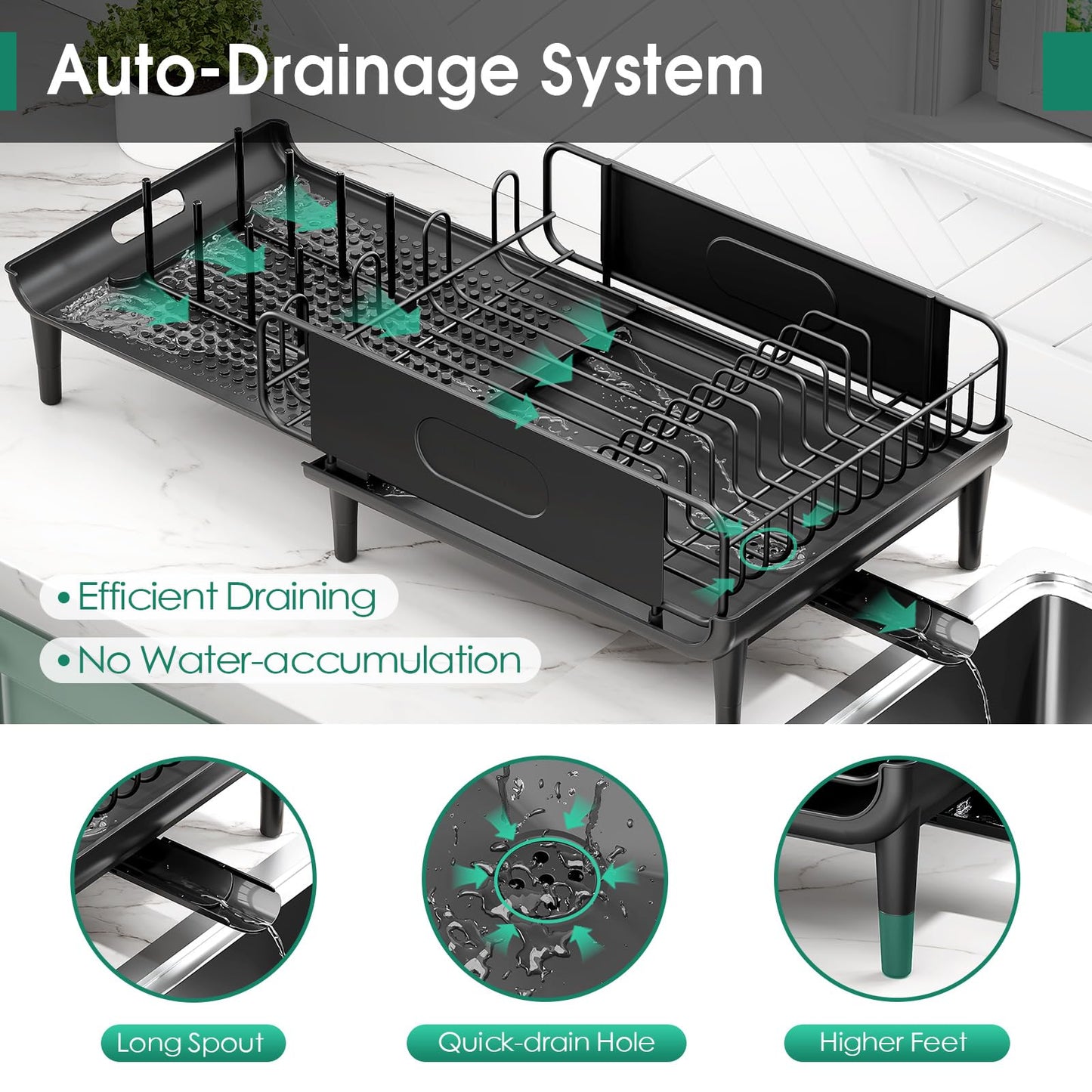 Large Extendable Dish Drying Rack, 16.93" to 26.57" Expandable Dish Rack for Kithen Counter, with Multifunctional Drainboard, Fits Any Sink, Heavy-Duty Steel Plate Drainer for Countertop Organization