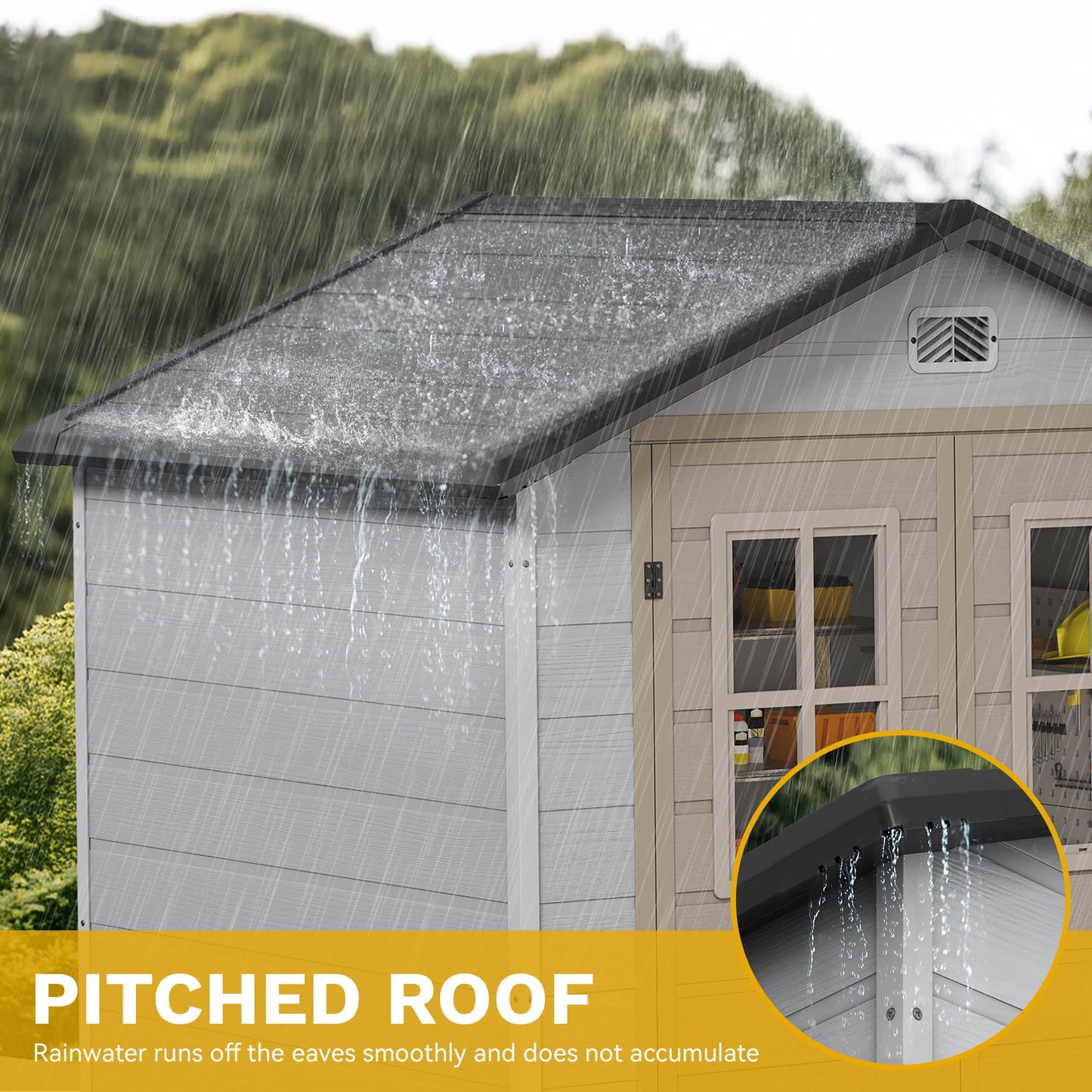 DWVO 6x4.4 FT Outdoor Storage Shed, Plastic Garden Tool Shed with 2 Windows, Double-Wall Outside Shed for Lawn Mower, Garden Shed for Backyard Patio, Lockable, Greige&Gray