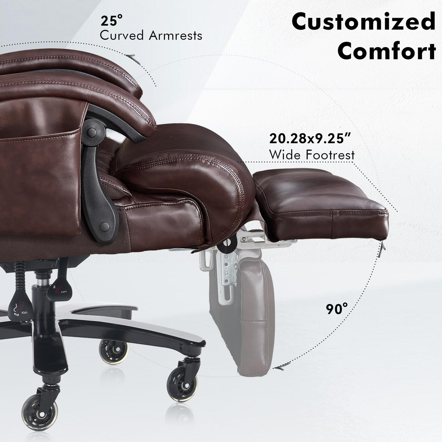 Big and Tall Ergonomic Office Chair with Footrest, Massage Cushion, Heavy Duty Lumbar Support Executive Desk Chair with Adjustable Headrest, High Back Reclining Computer Chair 500lbs, Leather, Brown