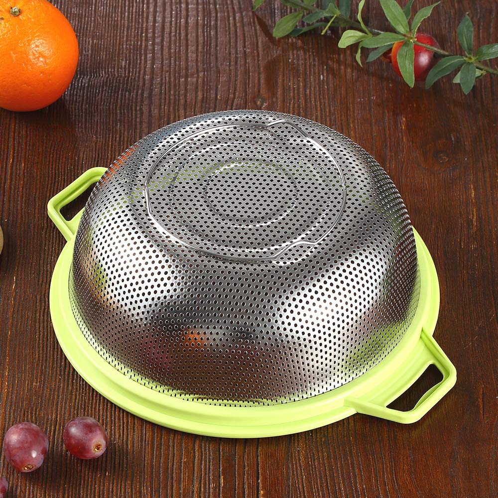 HiramWare Stainless Steel Colander With Handle and Legs, Large Metal Green Strainer for Pasta, Spaghetti, Berry, Veggies, Fruits, Noodles, Salads, 5-quart 10.5” Kitchen Mesh Colander, Dishwasher Safe