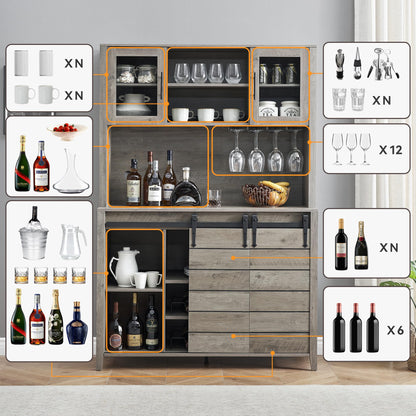 GarveeHome 70 in Tall Farmhouse Coffee Bar Cabinet, Kitchen Hutch Storage with Sliding Barn Door, Kitchen Buffet with Wine Rack, Glass Holder, Wine Bar Cabinet for Dining Room, Living Room, Gray