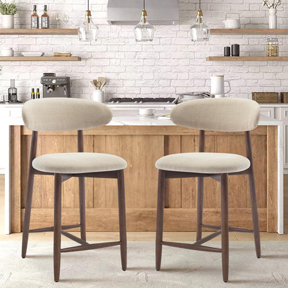 COLAMY Counter Height Bar Stools Set of 2, Kitchen Bar Stools with Back, Mid Century Modern Upholstered, with Wood Legs for Kitchen Island Dining Room, Beige