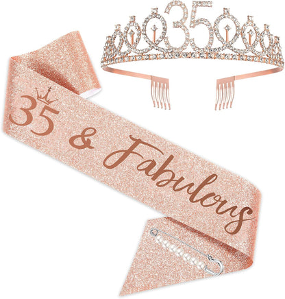 35th Birthday Sash and Tiara for Women, Rose Gold Crown Sash and Tiara for Happy 35th Birthday Party Supplies
