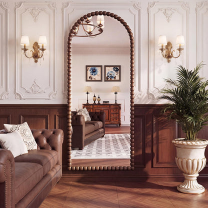 FlyEcho Arched Full Length Mirror, 71"x28" Antique Beaded Full Body Mirrors, Large Floor Mirror with Stand, Hanging Mounted for Bedroom Living Room Cloakroom Hallway Decor, PU Frame, Brown