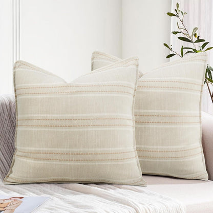 18X18 Set 2 Decorative Farmhouse Linen Throw Pillow Covers, Boho Textured Pillow Case of ,Beige with White & Brown