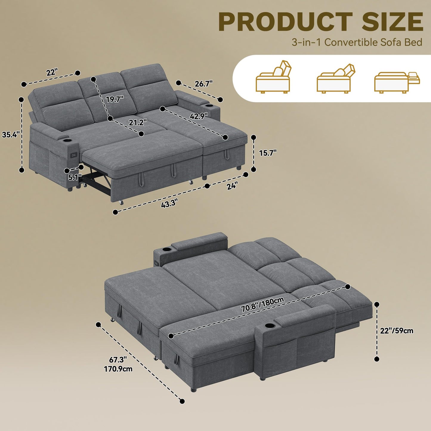 DWVO Convertible Sleeper Sofa with Adjustable Backrest & Pull Out Bed, L-Shaped Sectional Sofa Bed with Armrest & USB Port, Upholstered Sectional Couch for Living Room, No-Tool Assembly, Grey