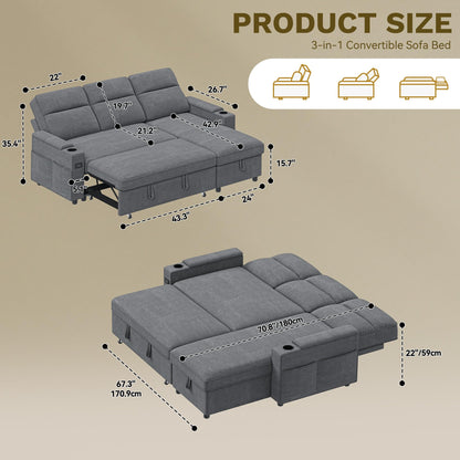 DWVO Convertible Sleeper Sofa with Adjustable Backrest & Pull Out Bed, L-Shaped Sectional Sofa Bed with Armrest & USB Port, Upholstered Sectional Couch for Living Room, No-Tool Assembly, Grey