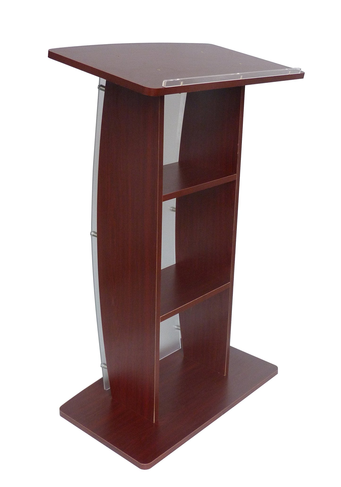 FixtureDisplays® 44.25" Tall Podium for Floor, Curved Frosted Front Acrylic Panel - Red Mahogany 19658