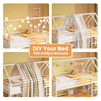 LIKIMIO Bunk Bed Twin Over Twin, Twin Bunk Beds Frame with 3-Tier Storage Bookshelf, Metal Twin House Bed Ladder and Safety Guardrail, Space Saving for Apartment or Dorm, No Box Spring Needed, White