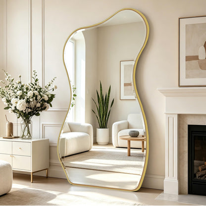 POZINO Irregular Beveled Mirror Full Length, 66.8"x33.5" Asymmetrical Aesthetic Wall Mirror with Metal Frame, Premium Organic Floor Mirrors for Living Room Entryway Cloakroom, Leaning/Wall-Mount