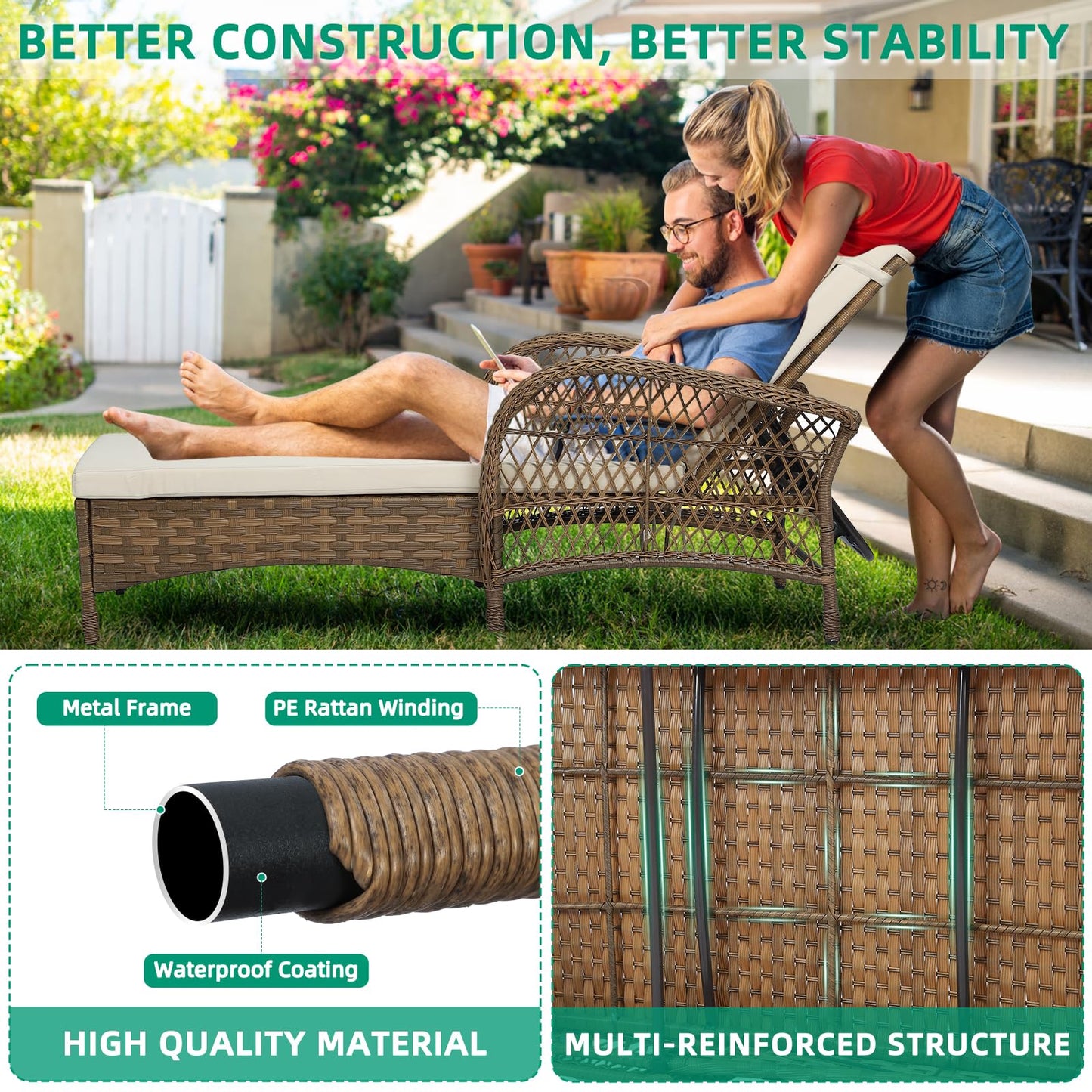 VIVIJASON 3 Pieces Outdoor Wicker Chaise Lounge Chair Set, All-Weather PE Rattan Cushioned Patio Lounger Set of 2 with Side Table, Adjustable Pool Sunbathing Recliner with Armrest & Pillow, Beige