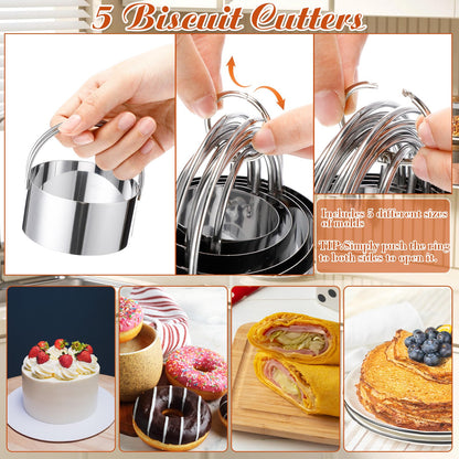 Teecyhooo 10 Pcs Stainless Steel Pastry Biscuit Cutter Set Include 3 Cup Flour Sifter Biscuit Cutter Pastry Scraper Dough Scraper Silicone Baking Mat Fine Mesh Strainer for Cooking Cookies Donuts Cake