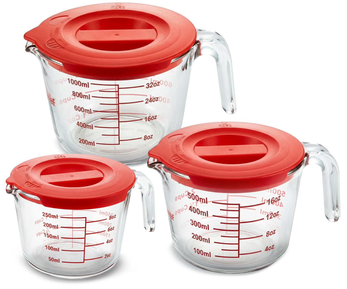 NutriChef 1,2 and 4 Cups Glass Measuring Cup Set with Lids (8, 17 and 34 oz) - Heat-Resistant Borosilicate Liquid Measure Cups with Easy-Read Scale for Cooking, Baking & Food Storage, Dishwasher Safe