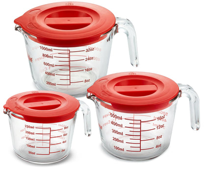 NutriChef 1,2 and 4 Cups Glass Measuring Cup Set with Lids (8, 17 and 34 oz) - Heat-Resistant Borosilicate Liquid Measure Cups with Easy-Read Scale for Cooking, Baking & Food Storage, Dishwasher Safe