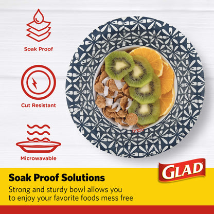 Glad Round Disposable Paper Bowls, Blue Mosaic Design - Heavy Duty, Soak-Proof, Cut-Resistant, Microwavable Paper Bowls for All Foods, Daily Use, and Special Occasions, 16 oz, 50 Count - 6 Pack