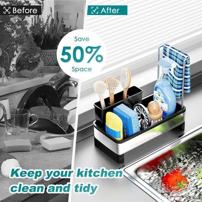 304 Stainless Steel Sink Caddy with Auto-Drain, Rustproof Sink Organizer, Sponge Holder with Removable Brush Holder & Towel Rack, Countertop Storage for Dish Soap Dispenser, Kitchen Sink Accessories