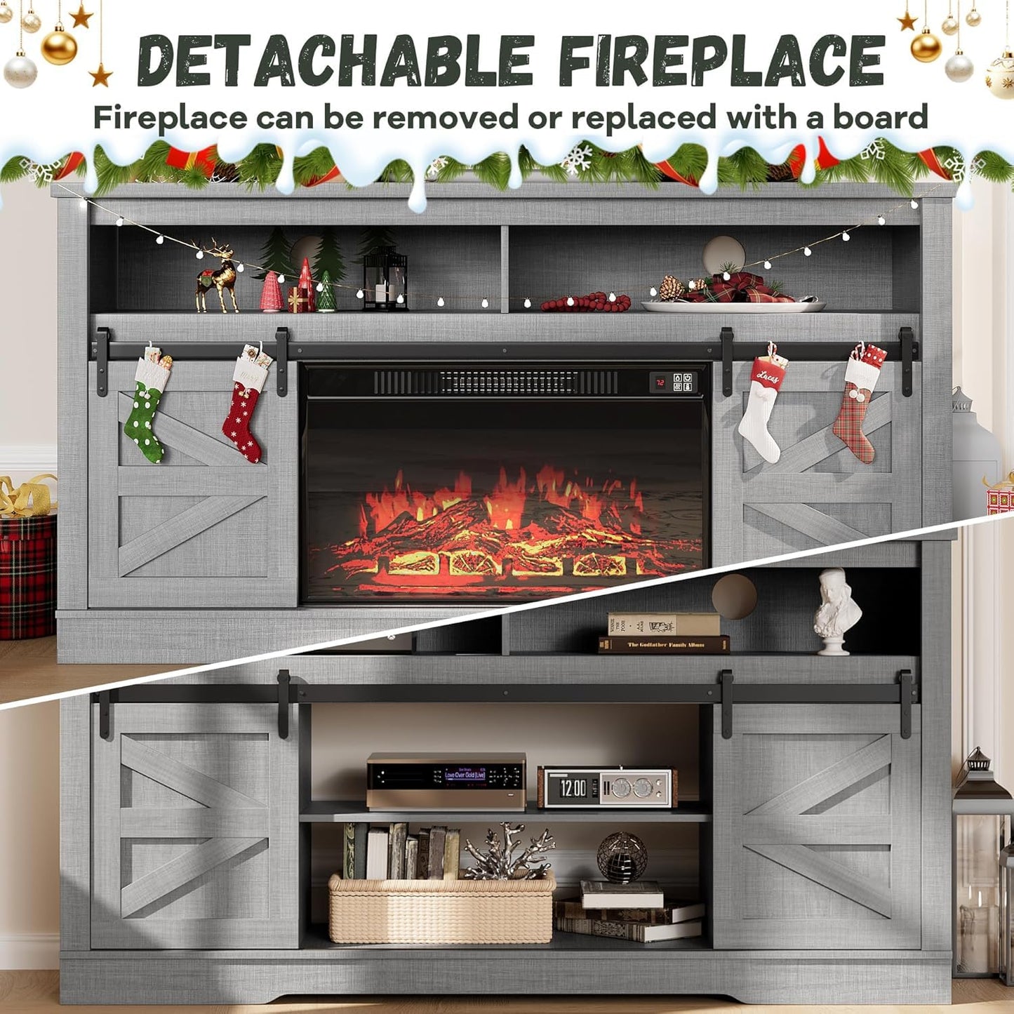 YESHOMY Fireplace TV Stand for Television up to 65+ Inch with Storage and Farmhouse Sliding Barn Doors, Entertainment Center with Cabinet and Shelves, Media Console for Living Room,Gray