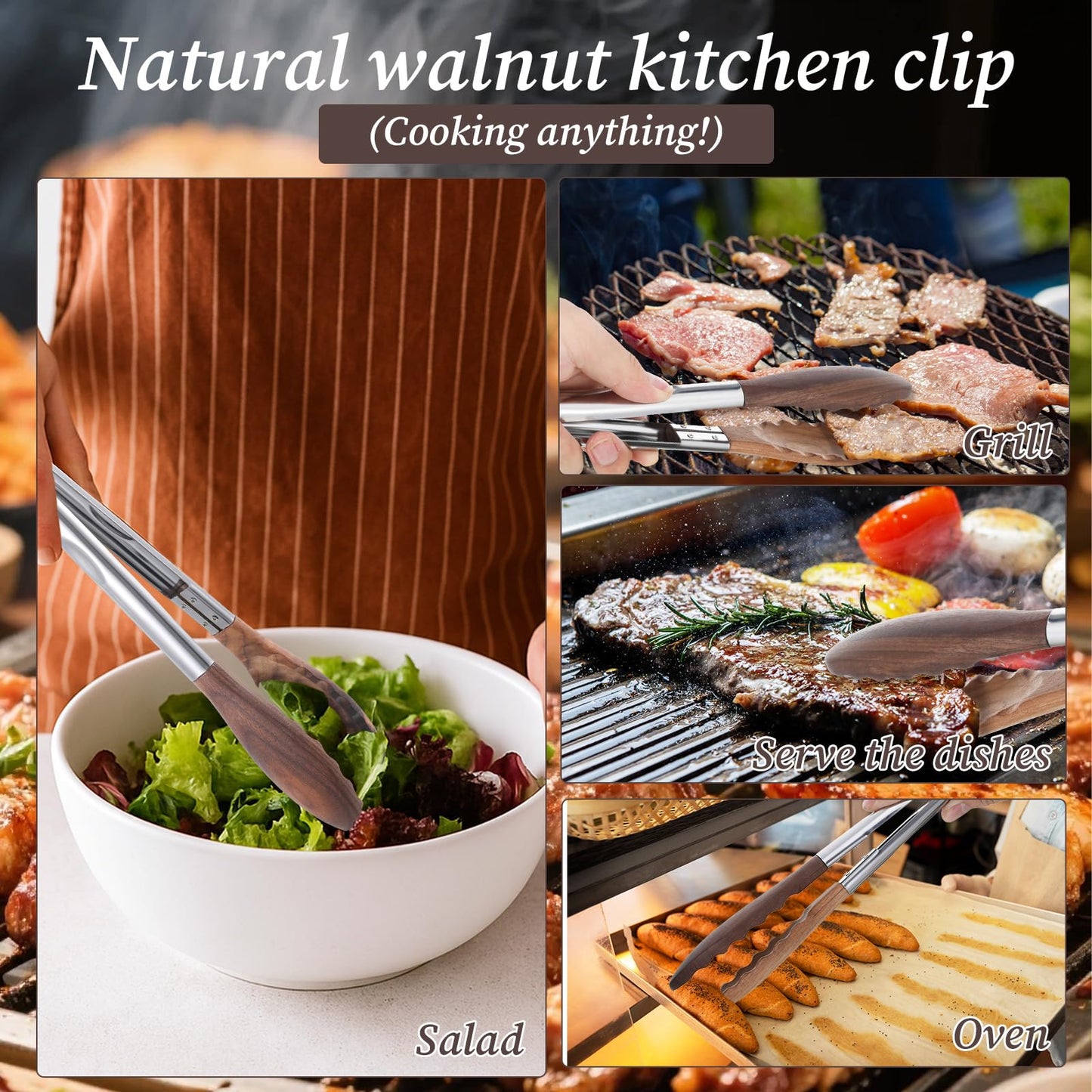 Oqqlin 2 Pcs Wooden Tongs for Cooking, 9 & 10 Inch Durable Salad Tongs with Walnut Wood Tip Multifunctional Stainless Steel Handle Kitchen Tong for Serving Food, Bread, BBQ, Tossing Salad - Lock Dsign