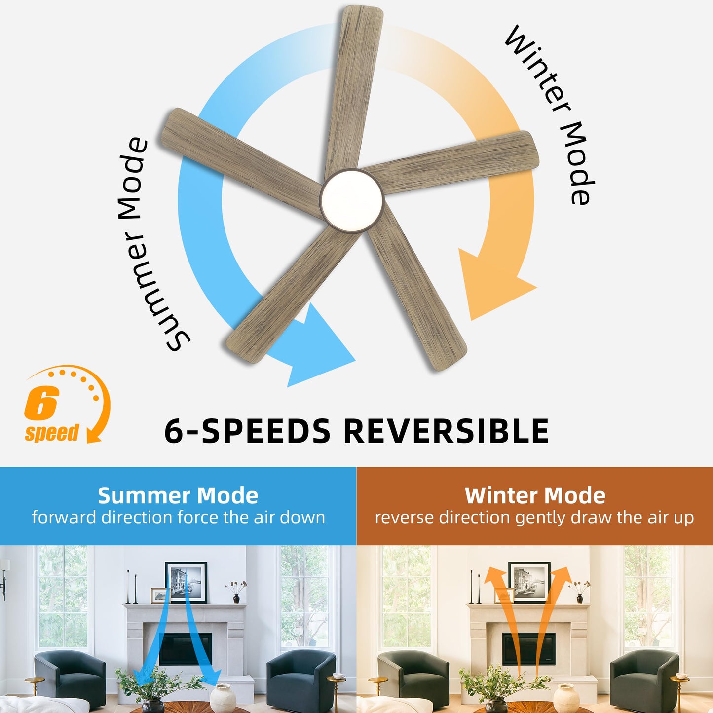 WINGBO 48 Inch DC Ceiling Fan with Lights and Remote Control, 5 Carved Solid Wood Blades, 6-Speed Noiseless Reversible DC Motor, Indoor Ceiling Fan in Graphite Finish with Gray Blades