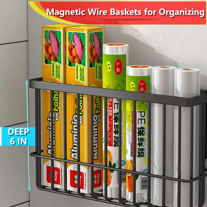 Heavy Duty Metal Magnetic Basket Organizer for Kitchen Refrigerator, Foil and Plastic Wrap Storage (10.25" L x 3.2" W x
