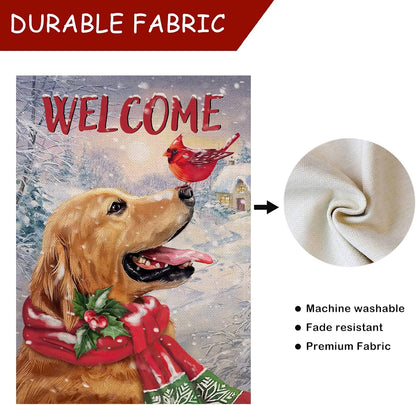Welcome Winter Golden Retriever Dog Decorative Burlap Garden Flag, Puppy Cardinal Pet Home Yard Decor, Double Sided 12
