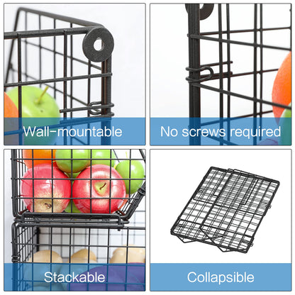 X-cosrack Stackable Wire Baskets for Counter, Fruit and Vegetable Storage, Potato and Onion Storage Bin，Kitchen Pantry Organizer - Wall Basket for Produce/Snack/Can, 3-tier Large, Black
