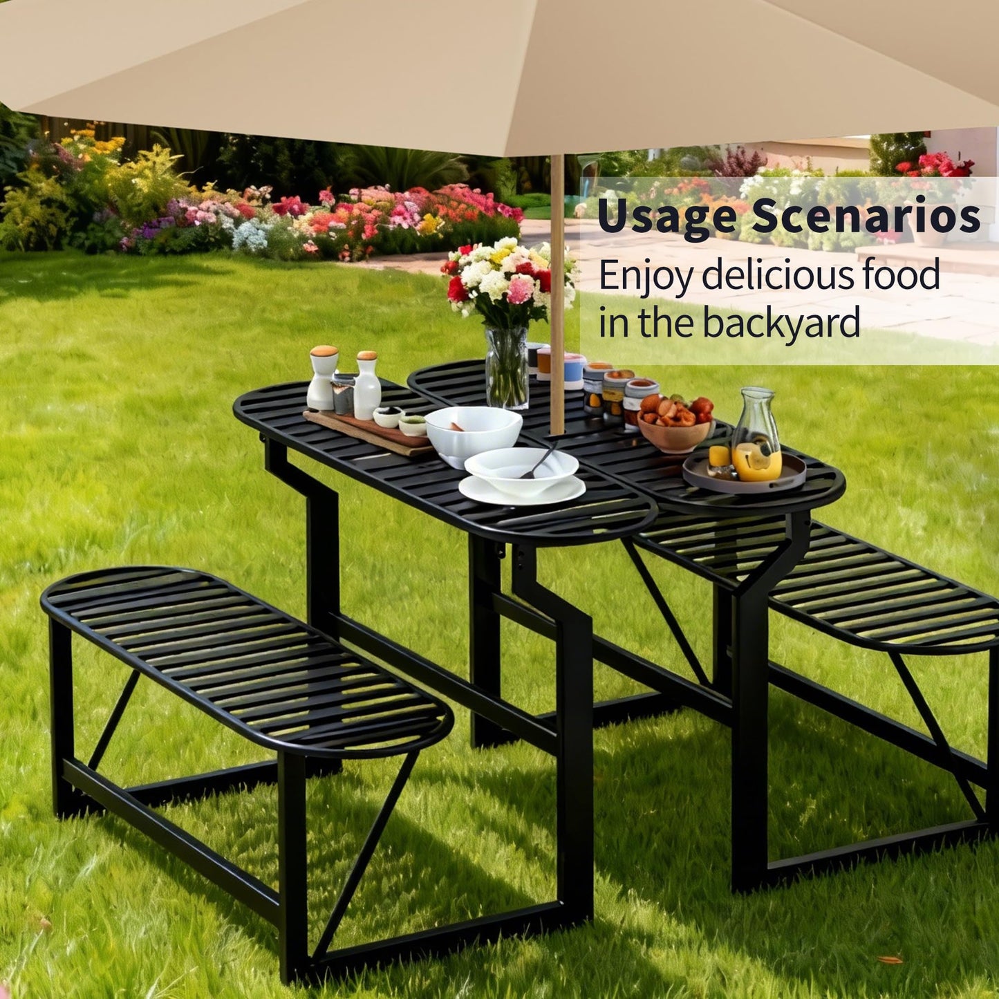 ZONVEOKE Convertible Bench, 2 in 1 Carbon Steel Picnic Table, Transforming Interchangeable Outdoor Table with Umbrella Hole, for Outside Patio Porch Backyard Park Garden 2 Pack Black Bench