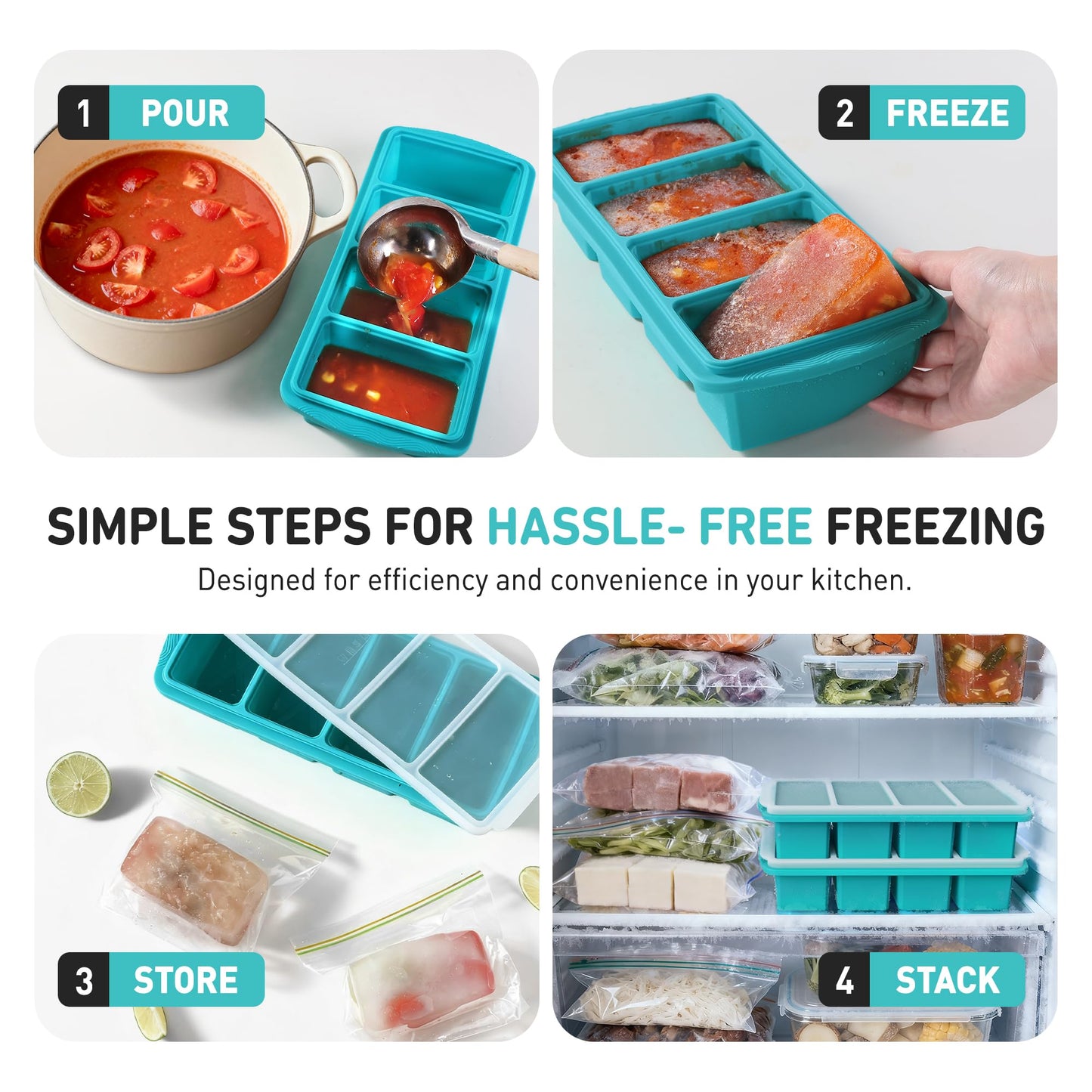 Silicone Freezer Tray With Lid Soup Freezer Container Molds with Steel Reinforced Rim Ice Cube Freezer Molds for Soup, Sauce, Leftovers, Homemade Meal Prep Containers Portion Control Food Storage