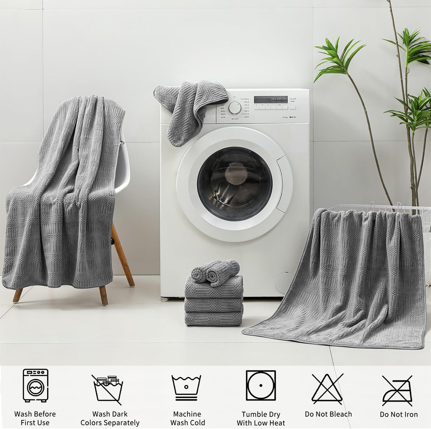 18 Set-6 Sheets,6 Towels,6 Set Pcs Gray Woven Family Towels Bath Hand Washcloths Soft Microfiber Towels Absorbent