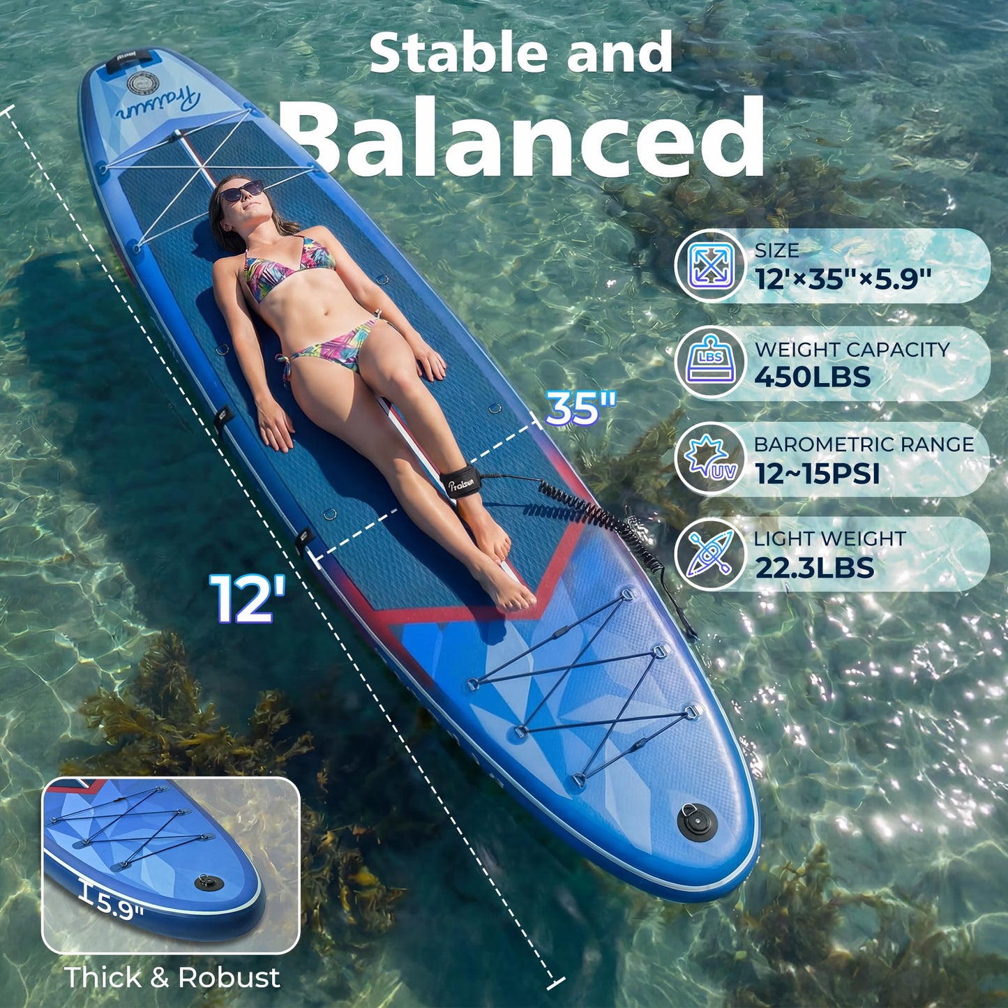 PRAISUN 12’ x 35” Inflatable Paddle Board, 450lbs Extra Wide Stand Up Paddleboard for Youth/Adults of All Skill Levels, Stable SUP with Seat & Full Kit, for Fishing, Yoga, Lake & Ocean, Blue