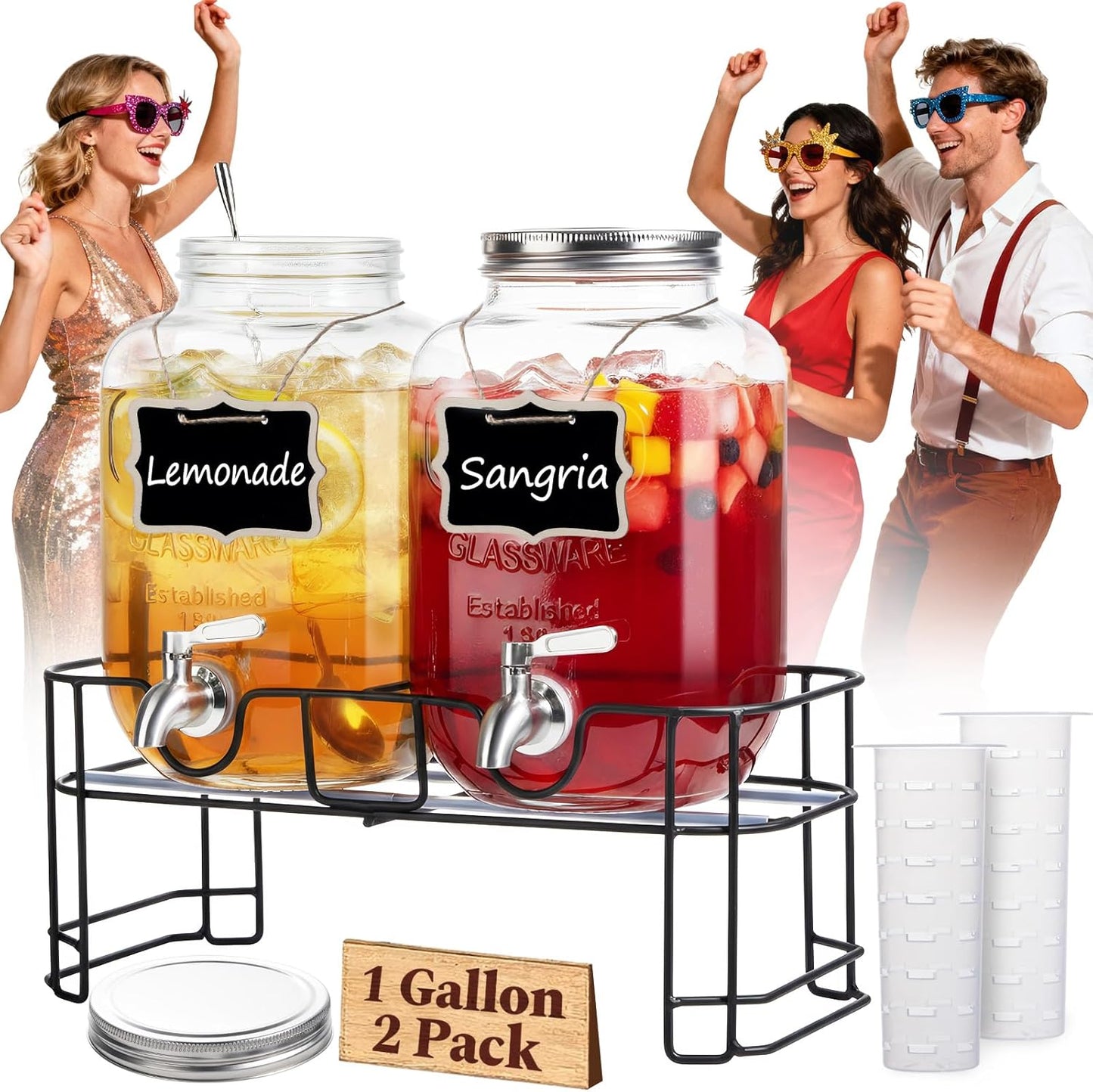 1 2 Pack 18/10 KIKCOIN Gallon Glass Drink Dispensers for Parties, Leakproof Beverage Dispenser with Stand & Stainless