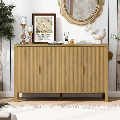 GDFStudio 58" Modern Buffet Cabinet with 4 Stripe Doors, Sideboard Storage Cabinet with Back Door Storage Racks, Shelves, Side Hooks, Coffee Bar Cabinet Credenza for Dining Room Living Room, Natural