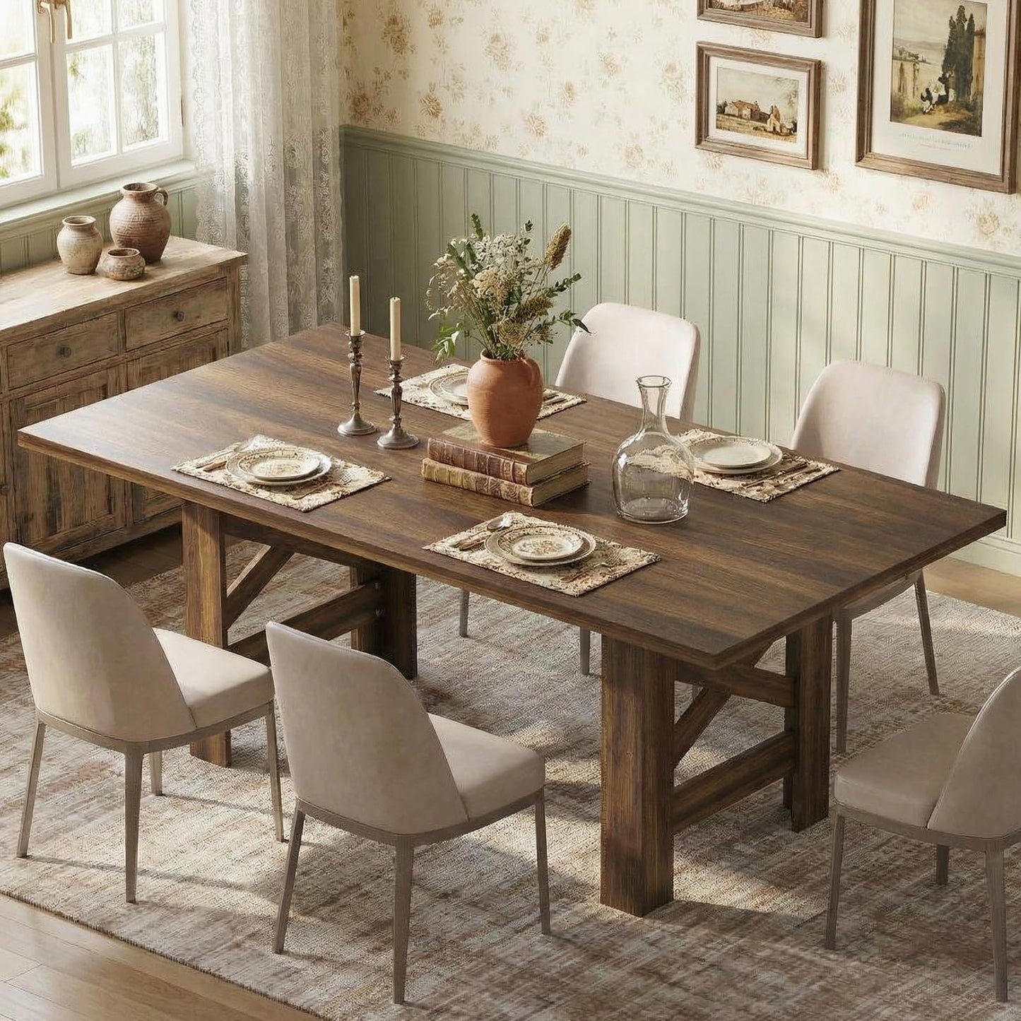 GarveeHome Dining Table for 6-8, 71" Long Large Wooden Farmhouse Kitchen Table with Thick Sturdy Frame, Rectangular Dining Room Dinner Table with Stable Triangular Legs for Kitchen,Office, Retro Brown