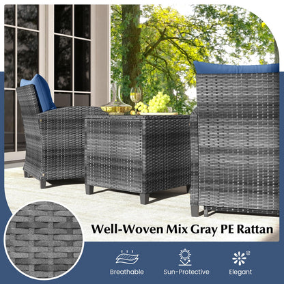 Tangkula 5 Pieces Patio Conversation Set, PE Wicker Rattan Outdoor Furniture Set with 2 Chairs, 2 Ottomans & Tempered Glass Coffee Table, Ideal for Poolside, Backyard, Lawn, Deck, Mix Grey & Navy